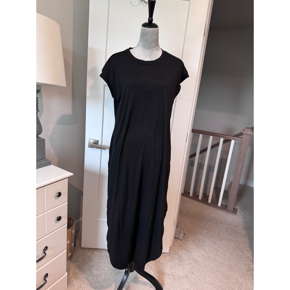 Wiholl Womens Black Short Sleeve Crew Neck Maxi Dress with Pockets Size L
